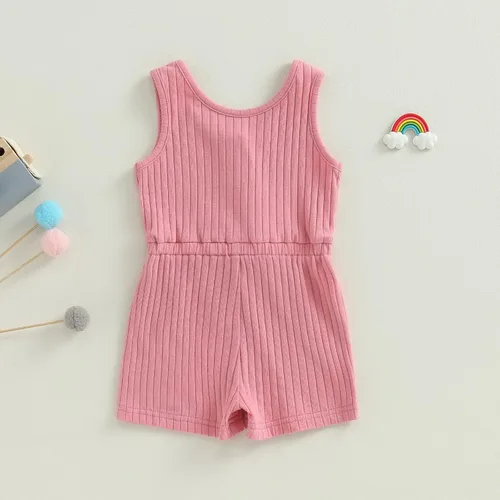 Vista 3 de Traje de verano para niña pequeña, de manga corta, acanalado, overol liso, pantalones cortos, ropa para recién nacidos