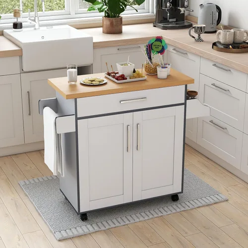 Vista 2 de Isla de cocina, carrito de almacenamiento rodante con cajones, armario grande, estante de especias y asa de toalla, carritos de cocina con ruedas