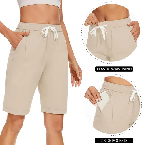 Vista 2 de Msmsse Bermudas hasta la rodilla para mujer, pantalones cortos largos de algodón para entrenamiento atlético y caminar