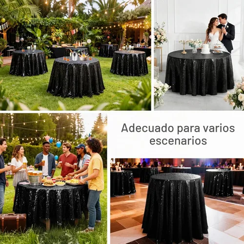 Vista 4 de Pufogu Mantel redondo de lentejuelas negras de 50 pulgadas con purpurina negra para decoración de cumpleaños, boda, despedida de soltera, baby Negro