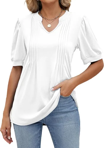 Vista 13 de Camisetas de verano con cuello en V para mujer, de manga corta, estilo casual, a la moda Negro
