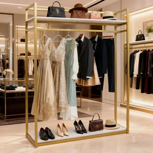Vista 4 de Estante de ropa de 71 pulgadas con estantes, estante para vestidos de boda, estante de exhibición de ropa al por menor, resistente comercial