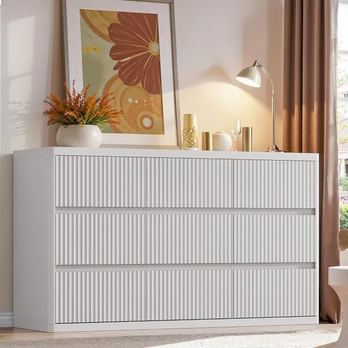 Vista 10 de Standifurno Cómoda negra de 56 pulgadas de alto para dormitorio, moderna acanalada con 6 cajones profundos, cómoda de madera con asas, perfiles Negro