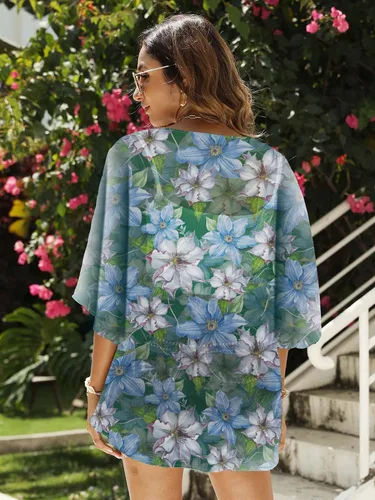 Vista 3 de Chunoy Cárdigan tipo kimono de gasa floral para mujer blusa casual holgada