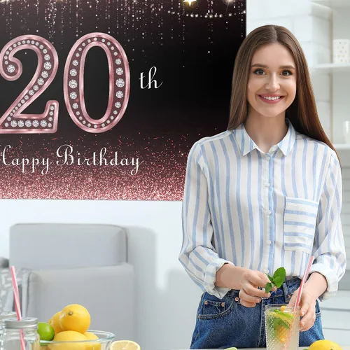 Vista 6 de HAMIGAR Fondo de pancarta de feliz cumpleaños 20 de 6 x 4 pies, decoraciones de cumpleaños de 20 años, suministros de fiesta para mujeres, oro rosa
