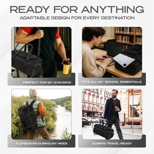 Vista 6 de Mochila de lona 3 en 1 con bolsillo para zapatos y portátil, portavasos, gimnasio ventilado y bolsa de viaje, Negro, Sobre el hombro/mochila/bolsa