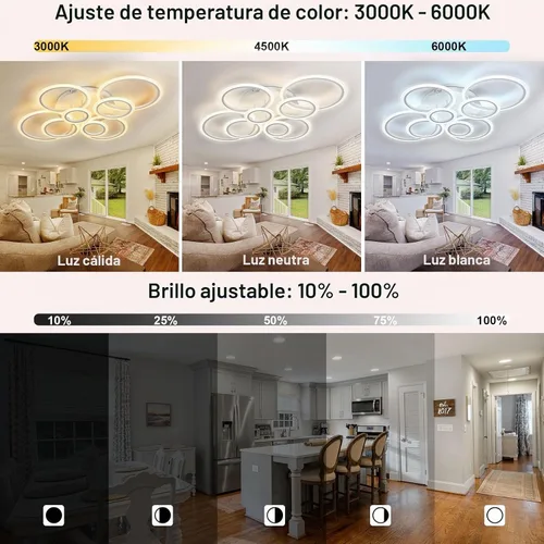 Vista 2 de Lámpara de techo LED moderna de 41 pulgadas con control remoto regulable de 8 anillas, lámpara de techo blanca empotrada para sala de estar