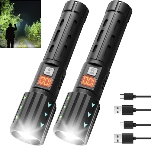 Vista 8 de Linternas LED recargables de alto lúmenes, linterna súper brillante de 10000 lm con pantalla digital LCD, 5 modos, linterna de mano ajustable USB C