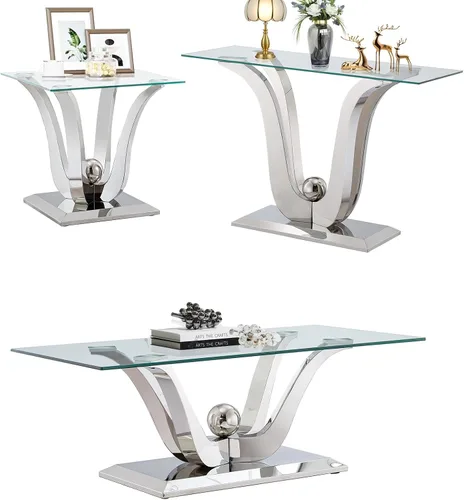 Vista 20 de SSLine Mesa de centro moderna de 1 pieza para sala de estar, mesa de centro de vidrio templado de lujo con base de acero inoxidable en forma de flor
