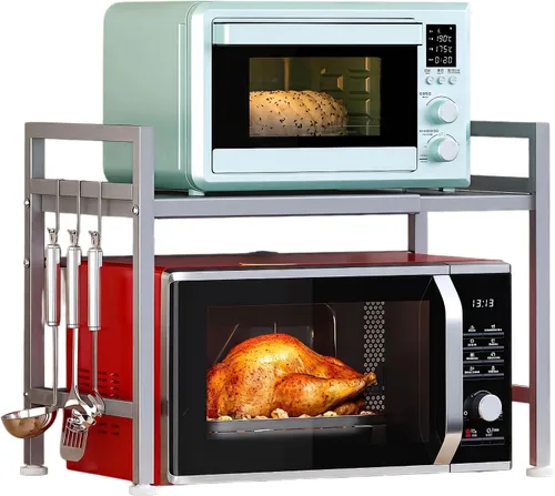 Vista 16 de PUSDON Estante para horno de microondas, estante ajustable resistente de 3 niveles con 3 ganchos para organizador de encimera de cocina