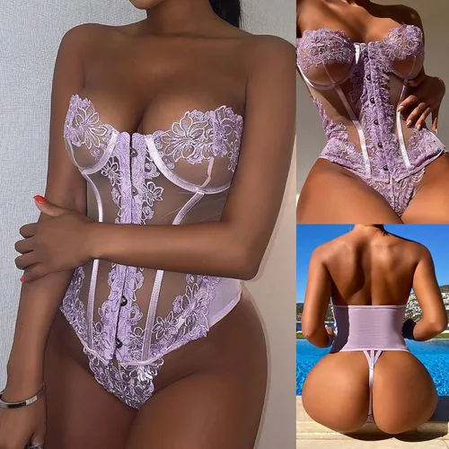 Vista 2 de Lencería de encaje para mujer de malla transparente sexy lencería tipo babydoll sexy