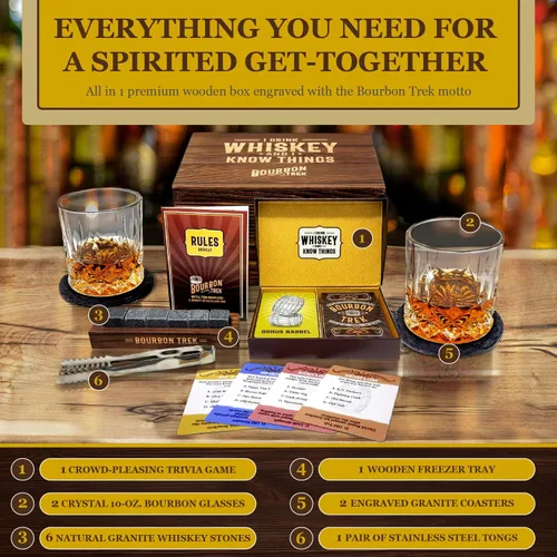 Vista 5 de Juego en caja de regalos de whisky para hombres, incluye populares trivias de whisky, 2 vasos de bourbon, 6 piedras, 2 posavasos de pizarra, 1