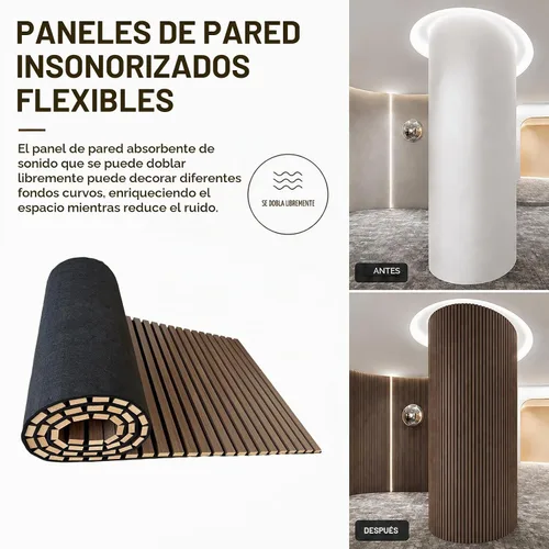 Vista 6 de Paneles acústicos de madera para pared, panel de listones de sonido acanalado flexible 3D (marrón) Insonorizada, absorbente, cancelación de ruido