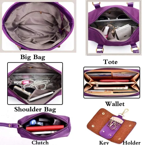 Vista 5 de Juego de 6 bolsas con asa superior de nailon para mujer, incluye bolsa grande, bolsa mediana, bolsa de hombro, cartera, bolsa de mano y llavero