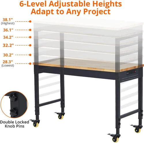 Vista 3 de 60"x22" Heavy Duty Adjustable Rolling Workbench with Power Outlets, Rubberwood Tabletop & 2000 LBS Capacity - Work Table for Garage Workshop with