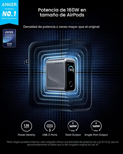 Vista 2 de Cargador Anker Prime, Bloque de Carga GaN USB C Compacto de 160W con 3 Puertos, Pantalla Inteligente y Control Táctil, Carga Máxima de 140W a Través