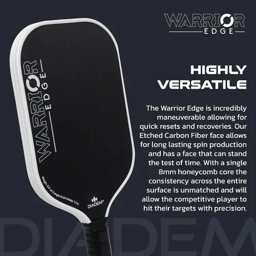 Vista 4 de Diadem Warrior Edge - Paletas de pickleball Cara de carbono grabado para máximo giro, protector aerodinámico de 16mm, agarre Comfort Max, núcleo