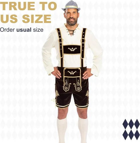Vista 5 de MOKE Conjunto de disfraz de Oktoberfest para hombre - Lederhosen, camisa, calcetines, sombrero - hombres adultos, participantes del Oktoberfest