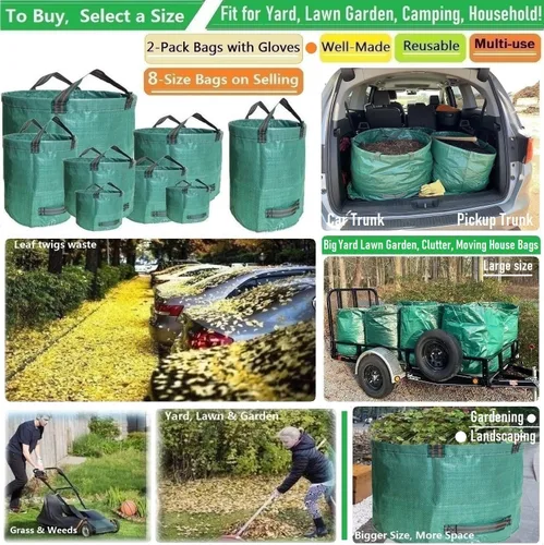 Vista 2 de Paquete de 2 bolsas profesionales de jardín de 137 galones, grandes (D34, H34 pulgadas) con guantes de jardinería, bolsa de hojas grandes, residuos
