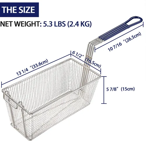 Vista 2 de 2 cestas para freidora profunda con mango antideslizante, construcción de hierro chapado en níquel resistente, 13 1/4 x 6 1/2 x 6 pulgadas, uso