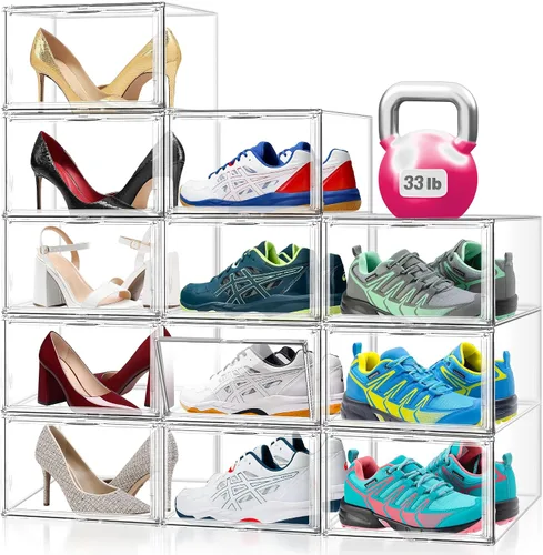 Vista 17 de 1 Pack Clear Shoe Storage Boxes Stackable, Large Sneaker Organizer with Acrylic Magnetic Door, Plastic Drop Front Shoe Containers for Men up to