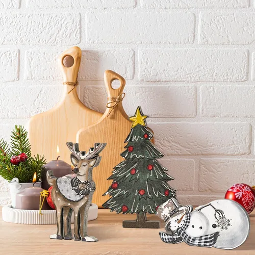 Vista 6 de Smile 3 Piezas Bloques de Madera Letreros de Navidad, Reno Árbol Muñeco de Nieve Decoraciones de Bandeja Escalonada, para Mesa y Estante del Hogar.