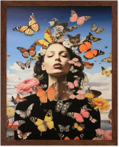 Vista 13 de Poster Master Póster de retrato de mujer, estampado de mariposa retro, arte de collage, arte femenino, arte femenino, arte moderno, arte floral