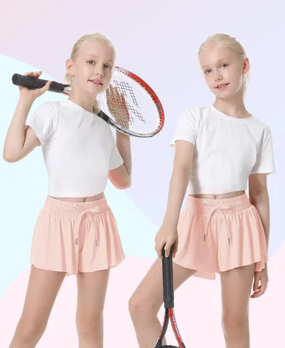 Vista 4 de QooNoo Girls Butterfly Shorts with Pocket Flowy Athletic Shorts High Waist Preppy Running Shorts for Kids Teen