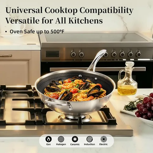 Vista 7 de DELUXE Wok de cerámica híbrida antiadherente de 12 pulgadas para cocina diaria en casa, resistente a los arañazos, mango que se mantiene fresco