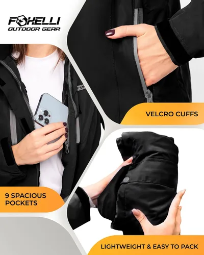 Vista 5 de Foxelli Chaqueta de senderismo impermeable para mujer, abrigo cálido con forro polar resistente al viento, chaqueta de lluvia con capucha Negro