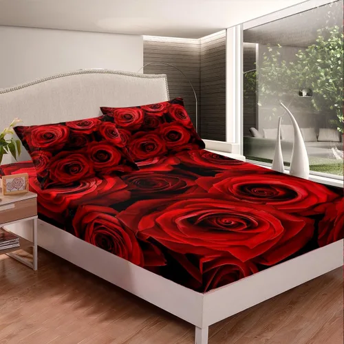 Vista 3 de Juego de sábanas de rosas rojas, tamaño individual, juego de sábanas florales de color rojo degradado y negro para niñas, mujeres, niños