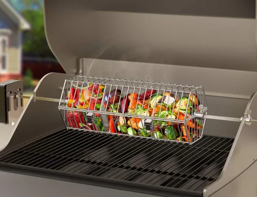 Vista 3 de onlyfire Cesta Rotativa Redonda de Acero Inoxidable de 17 Pulgadas para Rotisserie, Accesorio de Cocina que se Adapta a la Mayoría de las Parrillas