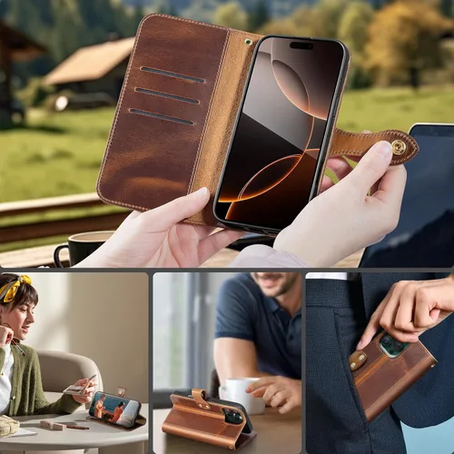 Vista 8 de Funda de cuero compatible con iPhone 16 Pro Wallet de 6.3 pulgadas, protección completa de piel auténtica a prueba de golpes, funda abatible