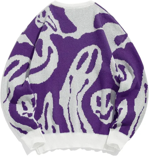 Vista 82 de ZAFUL Y2K - Suéter casual con estampado de llama estética para hombre, suéter de punto holgado, manga larga, cuello redondo