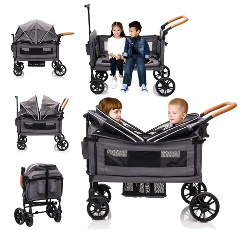 Vista 10 de Cochecito de lujo para 2 niños y carga - Ligero plegable de viaje todo terreno doble vagón para recién nacidos y niños pequeños con arnés de 5