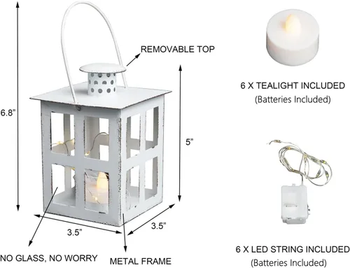 Vista 7 de HPC Decor - 6 mini linternas decorativas para centros de mesa de boda, faroles de velas de metal a granel con candelita LED y cuerda, decoración