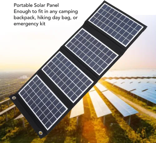 Vista 3 de Panel solar portátil, cargador de panel solar plegable de 30 W 5 V con salidas USB duales, panel solar a prueba de agua de 4 pliegues con 2 ganchos