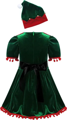Vista 2 de Kids Girls Christmas Costume Princess Dress with Belt Hat Short Sleeve Santa Gowns Festive Suit