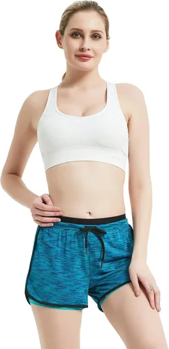 Vista 2 de Riboom - Pantalones cortos de doble capa para mujer, para entrenamiento, fitness, correr, yoga, gimnasio, deportes.