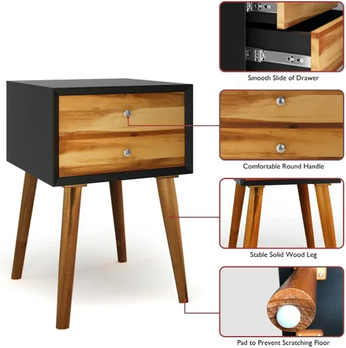 Vista 7 de Mesita de noche de 23.5 pulgadas con 2 cajones, mesa auxiliar de madera para sala de estar, muebles de dormitorio