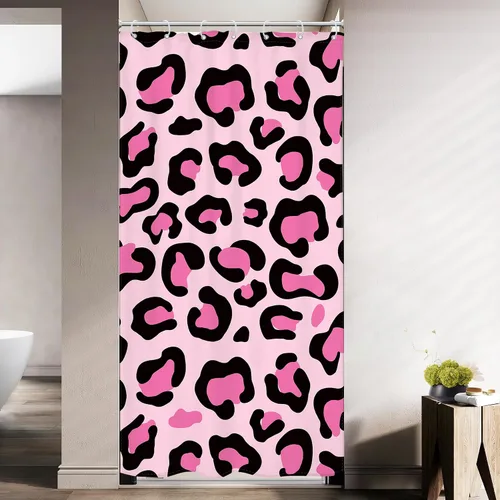 Vista 3 de Riyidecor Cortina de Ducha con Estampado de Leopardo Negro y Rosa Cabina Pequeña RV Estrecha Linda Femenina Moderna Trendy Simple Guepardo 36Wx72H