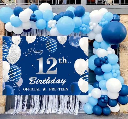 Vista 2 de Pancarta de fondo de 12 cumpleaños, color azul marino y plateado, fondo oficial de fotografía de cumpleaños de preadolescente de 12 años, póster
