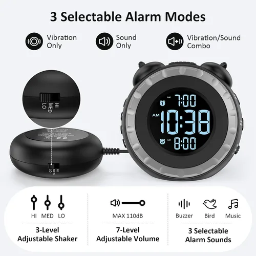 Vista 5 de uscce Reloj despertador fuerte dual con agitador de cama - Atenuador 0-100%, reloj despertador vibratorio para personas que duermen pesadas
