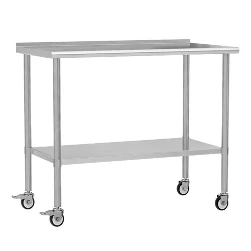 Vista 9 de Mesa de trabajo de acero inoxidable con ruedas, 24x24 pulgadas, mesa de preparación de alimentos NSF con salpicadero y estante inferior ajustable