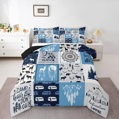 Vista 30 de Juego de edredón de cabaña rústica navideña, juego de ropa de cama estilo rústico con diseño de osos y ciervos, tamaño completo, patchwork Multi 08