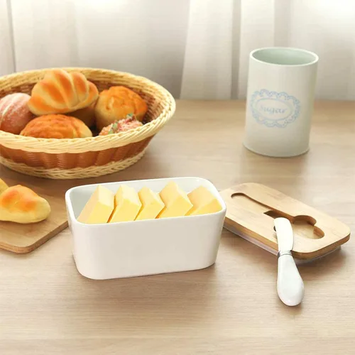 Vista 5 de Mantequillera hermética de porcelana con cuchillo, manteca rectangular hermética blanca con tapa de madera, recipiente grande de cerámica, 6.8 x 3.5