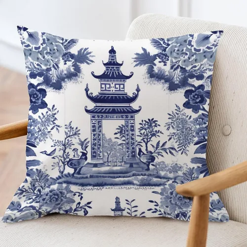 Vista 3 de ArogGeld Chinoiserie - Funda de cojín con diseño de pagoda asiática azul índigo, diseño cuadrado de flores y pagoda asiática, para oficina, silla