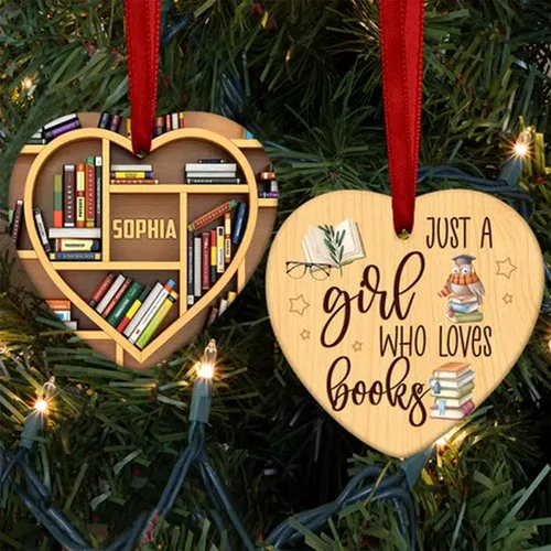 Vista 3 de Encantador adorno de libros POD, adorno para amantes de los libros, regalo para su bibliotecario, adorno de Navidad de libro de lectura, regalo
