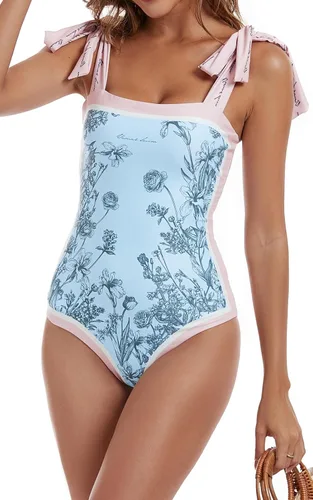Vista 7 de Aidonger Trajes de baño reversibles de una pieza para mujer, diseño floral, con lazo en el hombro, control de abdomen, adelgazante, cuello cuadrado