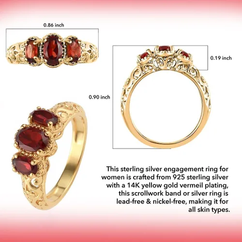 Vista 5 de 3 Stone Garnet Ring for Women in 925 Sterling Silver With 14K Gold Plating - January Birthstone Promise Engagement Vintage Red Garnet Jewelry